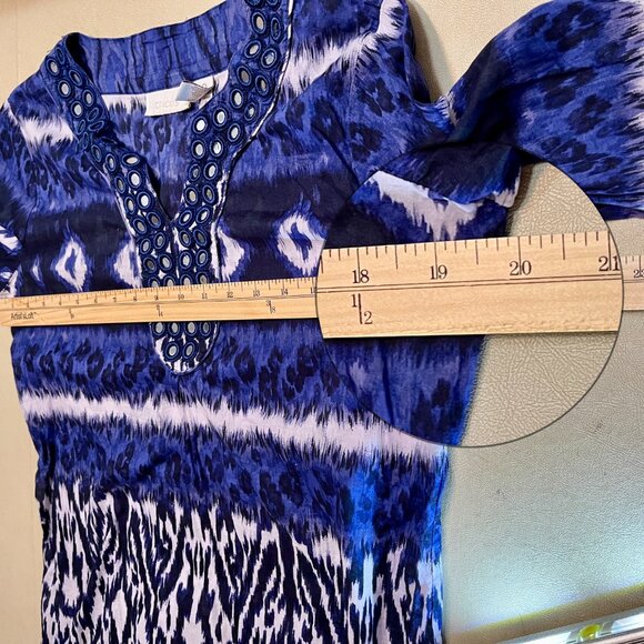 Chico's Blue White Ikat Print Tunic Blouse V-Neck 3/4 Sleeve - Picture 5 of 7